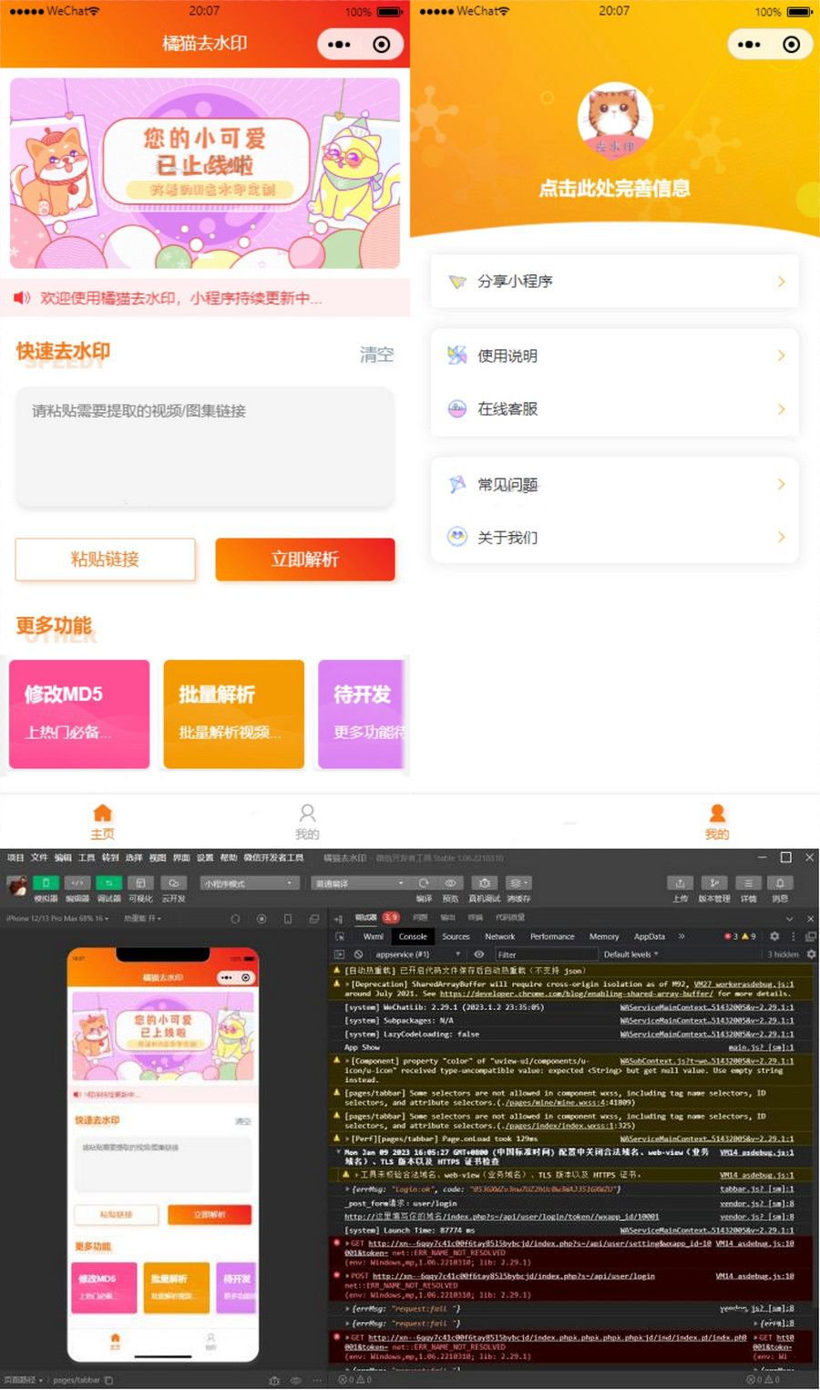 橘猫视频去水印微信小程序源码_自定义接口_PHP后端对接