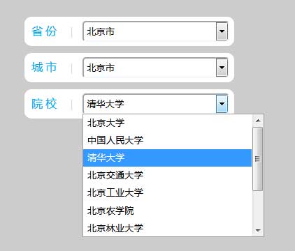 原生js城市高校三级联动菜单选择代码