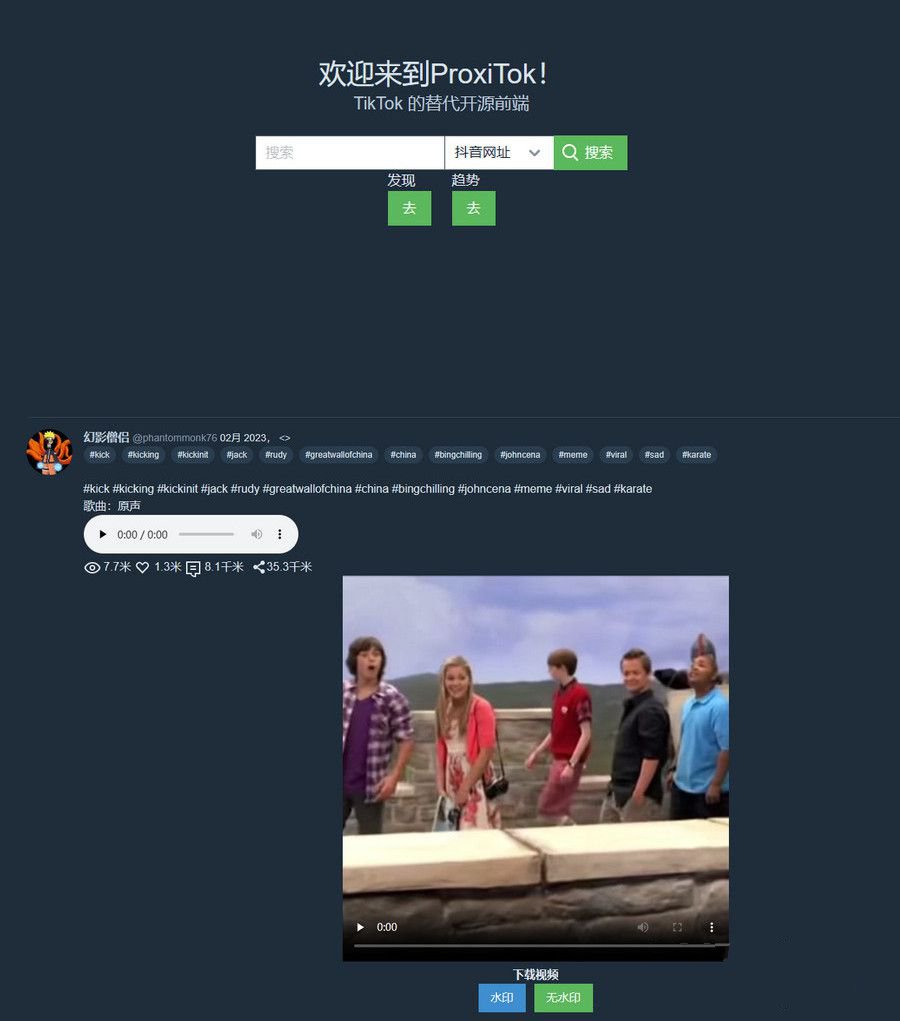 ProxiTok国际版抖音TikTok网页版源码支持国内网络直连