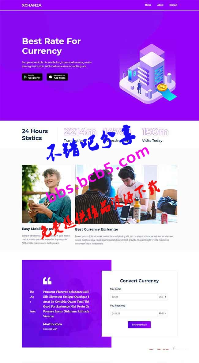 HTML5货币交易平台网站模板|紫色响应式的货币兑换交易业务公司网站模板下载