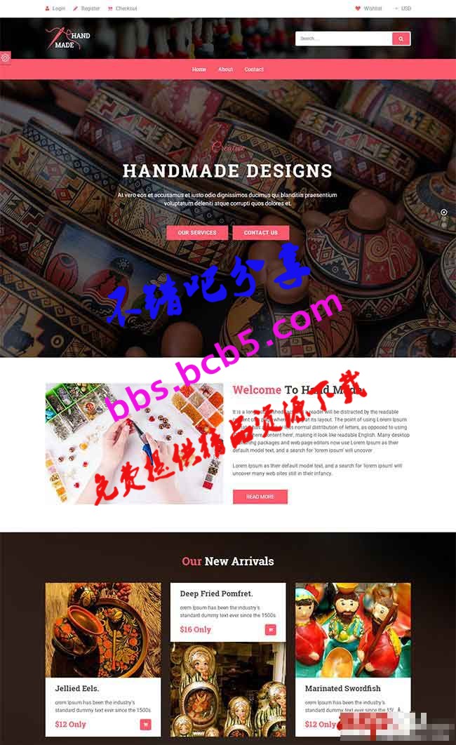 HTML5手工艺术品在线商城模板|粉色响应式手工艺产品Bootstrap模板下载