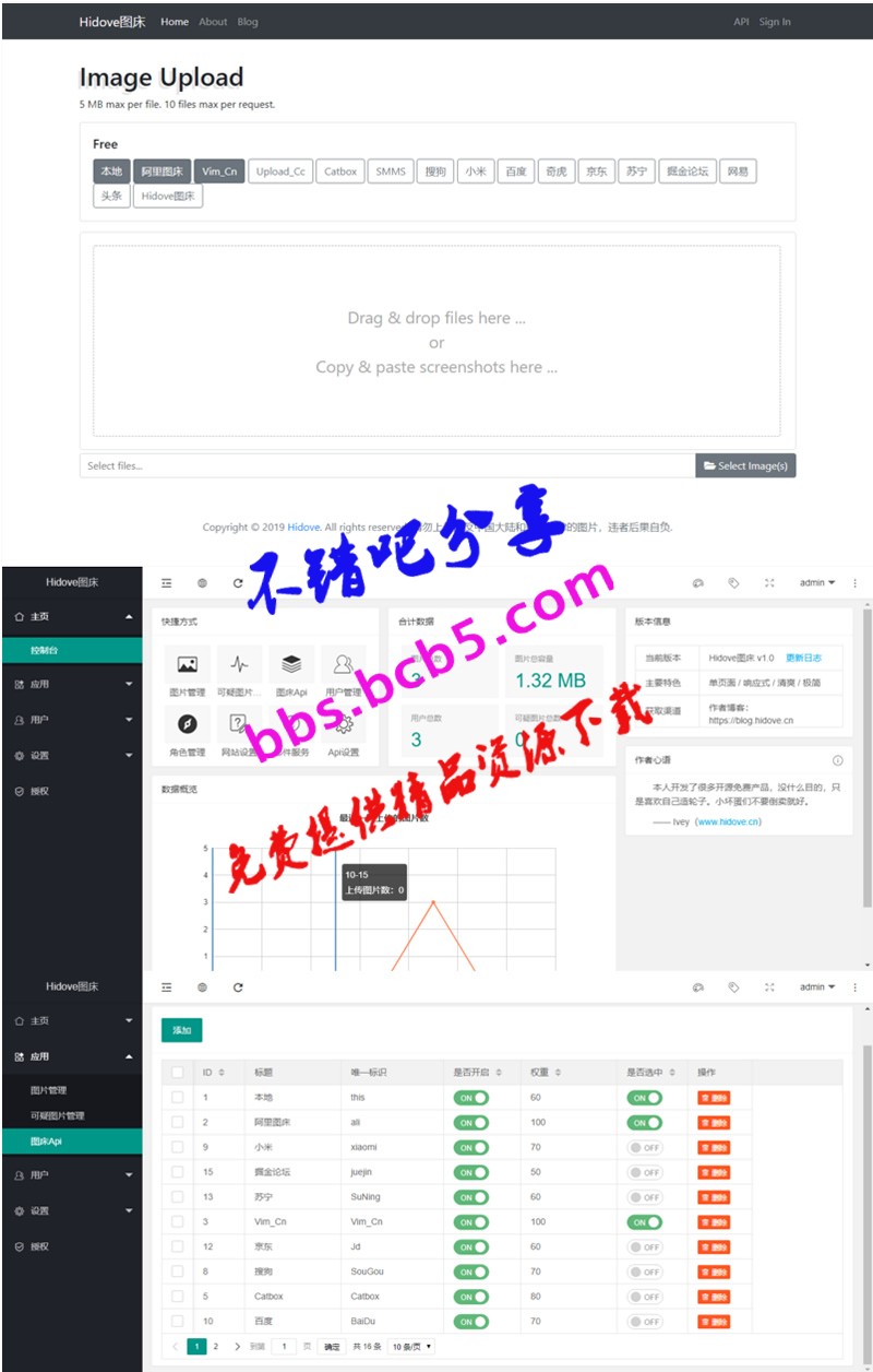 Hidove在线聚合图床网站源码 支持15个接口自由更换 上传API，bootstrap4简约界面